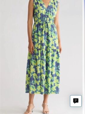 Calvin Klein Sleeveless V-Neck Maxi Dress in Lime and Navy Floral